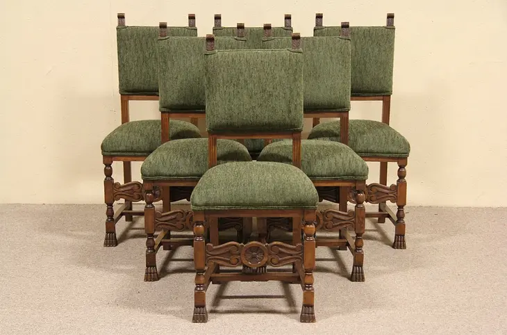 Six Italian Carved 1900 Antique Dining Chairs Green