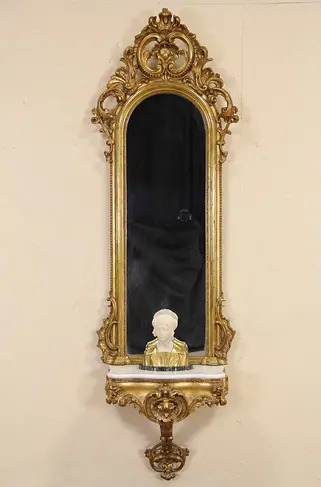 Victorian Gold and Marble Carved 1850's Antique Hall Console & Mirror