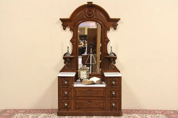 Victorian Carved Marble Top Dresser & Mirror