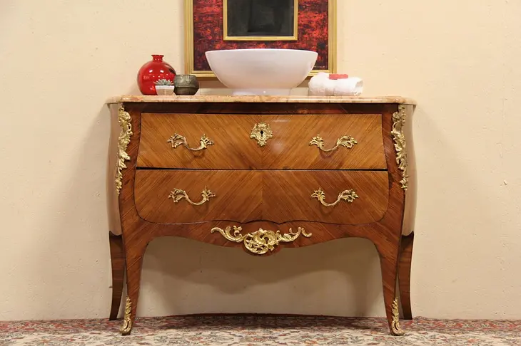 French 1900 Antique Bombe Marble Top Chest, Commode or Vessel Sink Vanity