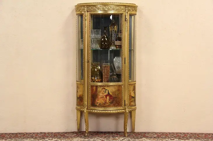 Gold Leaf 1915 Antique Curved Glass Curio Display Cabinet, Paintings