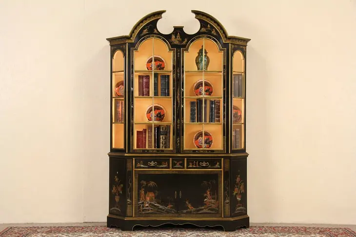 Chinese Hand Painted Lacquer Vintage China Curio Display Cabinet