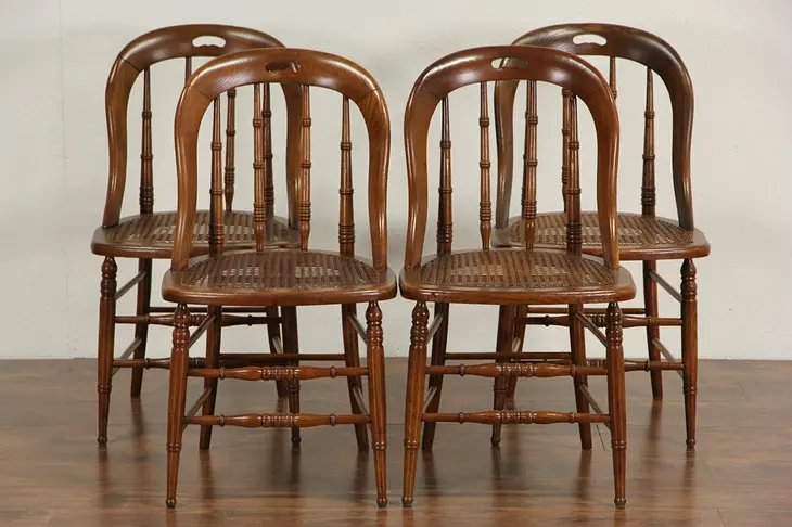 Set of 4 Victorian Caned Seat Oak 1880 Antique Dining or Game Chairs