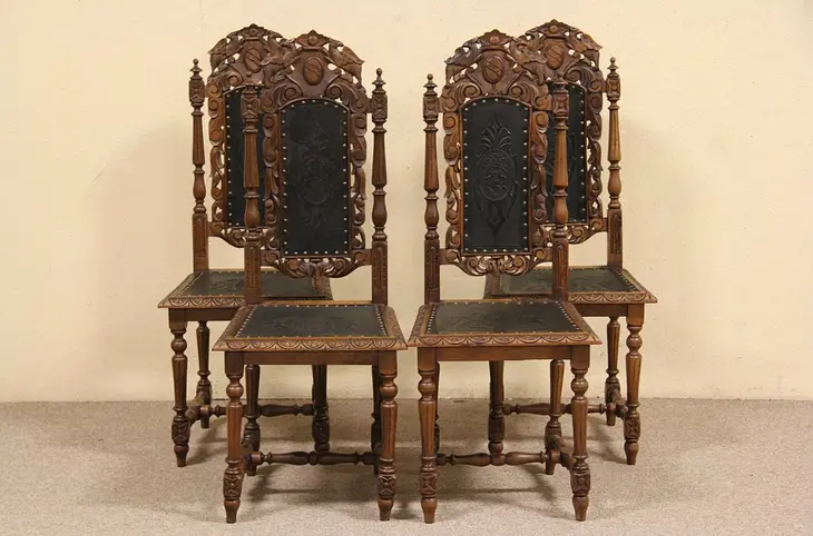 Set of 4 Black Forest Carved Game or Dining Chairs, Embossed Leather
