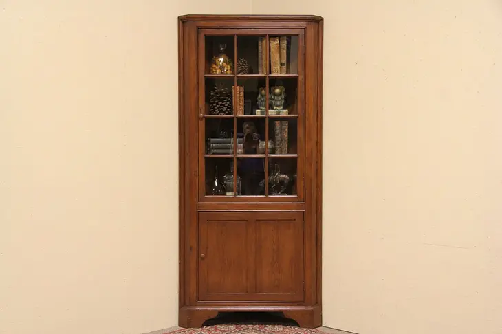 Country Pine 1870 Antique Corner Cabinet, Wavy Glass Door