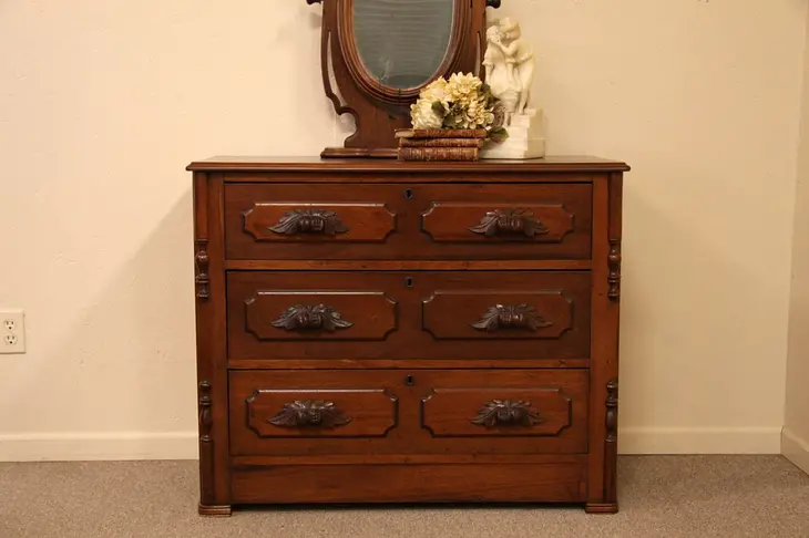 Victorian 1860 Chest or Dresser, Carved Pulls