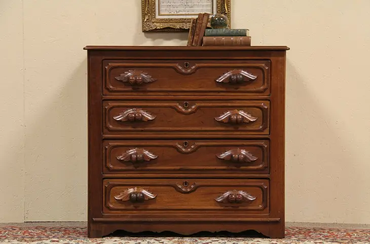 Walnut Victorian Carved Chest or Dresser