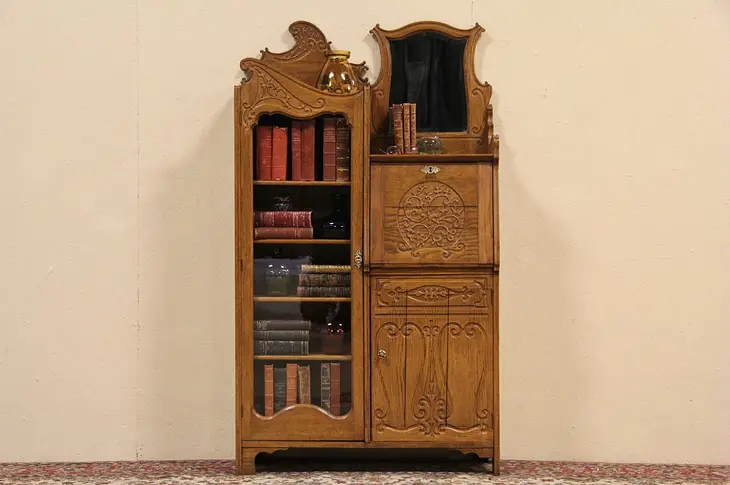 Oak 1900 Antique Secretary Desk & Bookcase, Wavy Glass Door