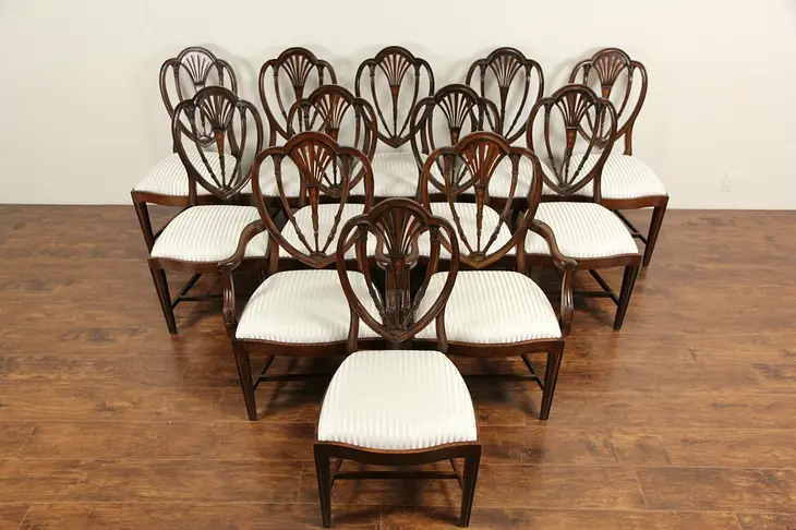 Set of 12 New Shield Back Georgian Carved Mahogany Dining Chairs, 2 Arms