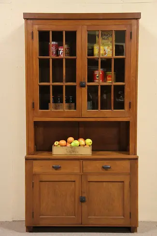 Pine Antique 1900 Country Pantry Cupboard, Wavy Glass Doors