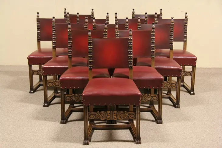 Set of 12 Spanish Carved Oak & Leather 1930 Antique Dining Chairs