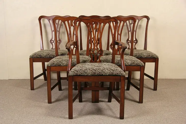 Set of 6 Signed Davis Georgian Vintage Mahogany Dining Chairs, New Upholstery