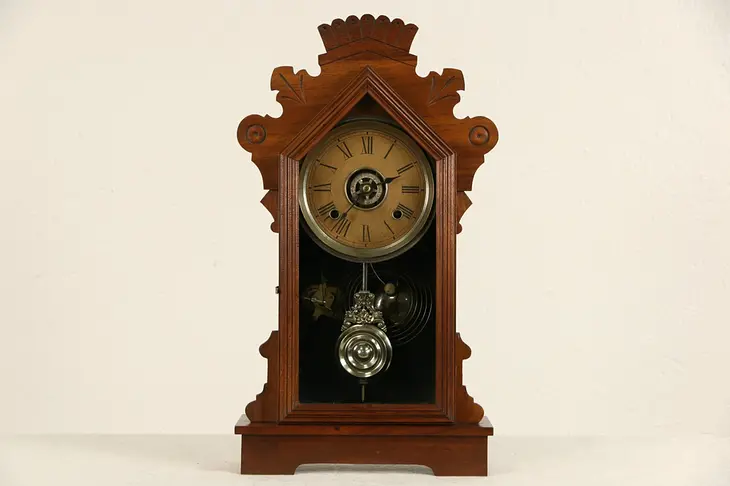 Ansonia NY Signed Antique 1890 Walnut Clock w/ Alarm