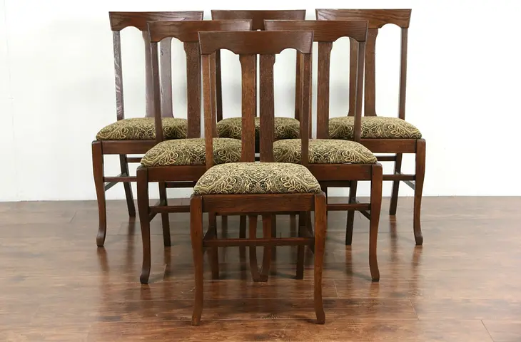 Set of 6 Arts & Crafts 1910 Antique Oak Dining Chairs, New Upholstery