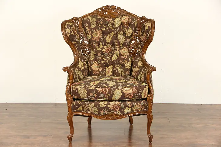 Carved Music Motif Wing Chair, 1940's Vintage, New Upholstery