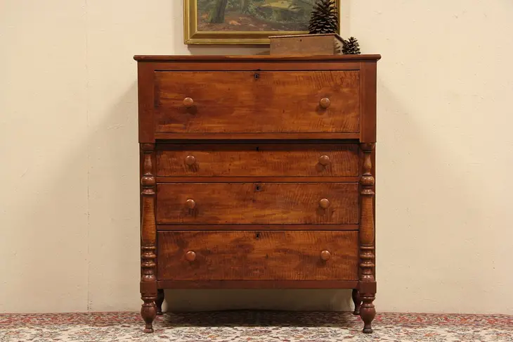 Cherry & Tiger Maple 1840 Antique Empire Chest or Dresser