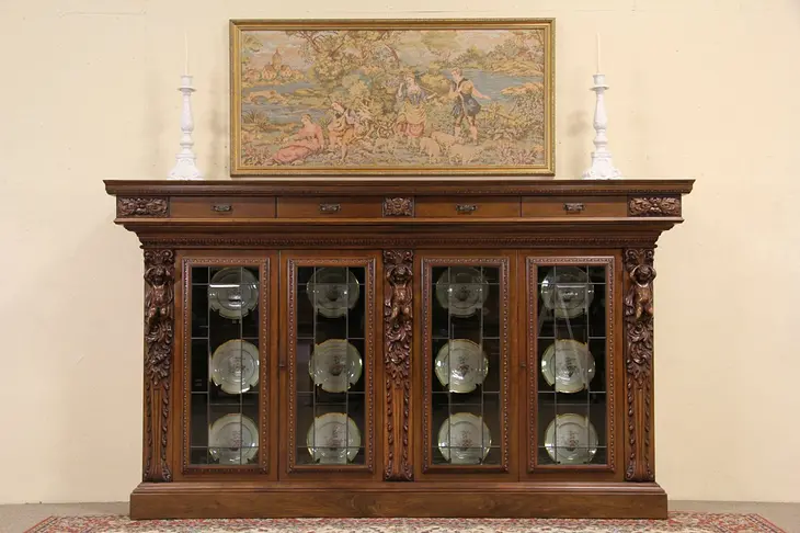 Italian Display Cabinet or Bookcase, Cherubs & Leaded Beveled Glass Doors