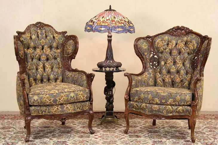 Pair Carved 1940's  Vintage Music Room Wing Chairs, Newly Upholstered
