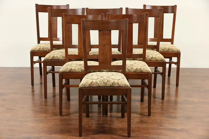 Set of 8 Arts & Crafts Mission Oak 1905 Antique Dining Chairs, New Upholstery
