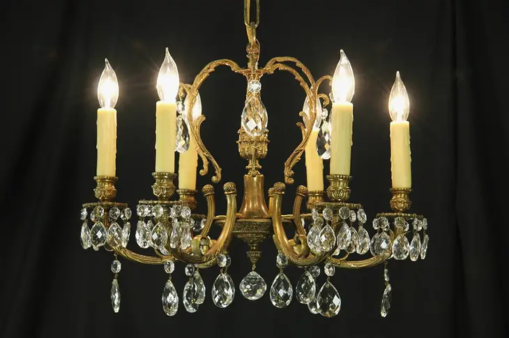 Brass & Crystal 6 Light 1930's Vintage Chandelier, Beeswax Candles