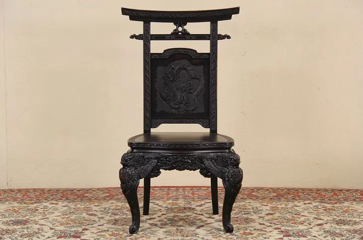 Japanese Hand Carved 1900's Asian Antique Dragon Chair