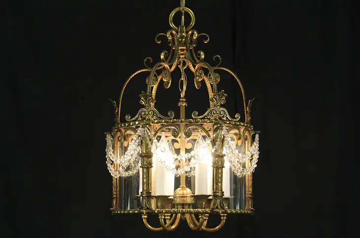 Hall Lantern Chandelier, 1940's Vintage Curved Glass& Brass Light Fixture