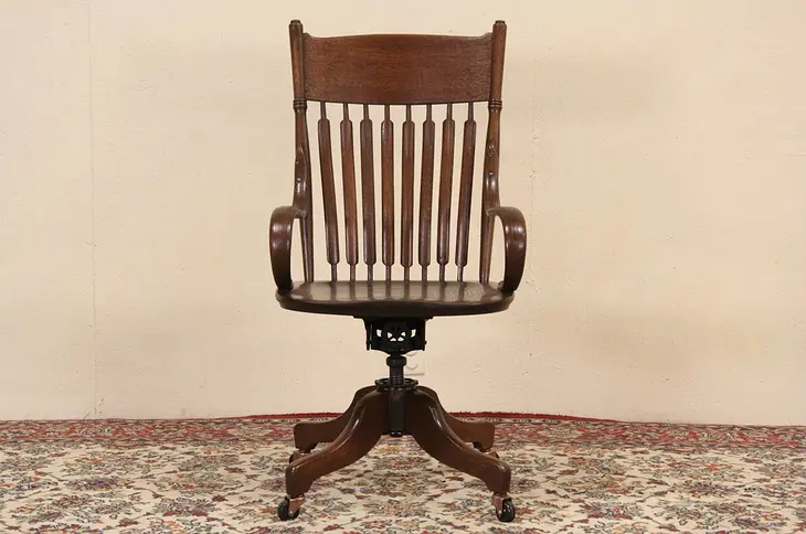 Swivel Antique 1900 Oak Adjustable Desk Chair, Scroll Arms, Herhold of Chicago