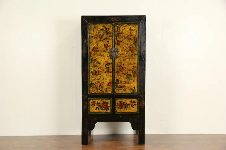 Chinese Painted Lacquer Antique Cabinet or Cupboard