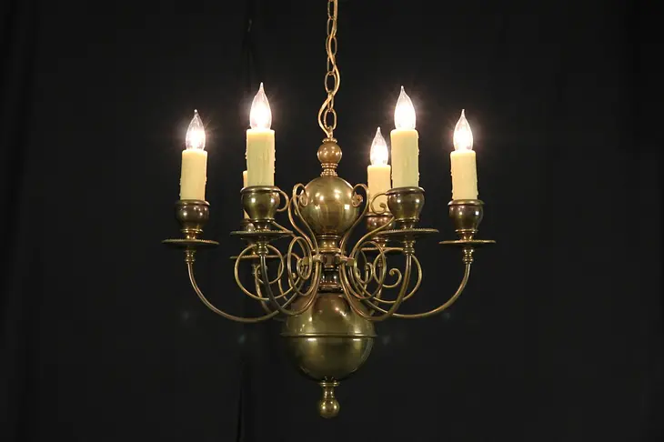 Six Candle Patinated Brass 17th Century Style Vintage Chandelier