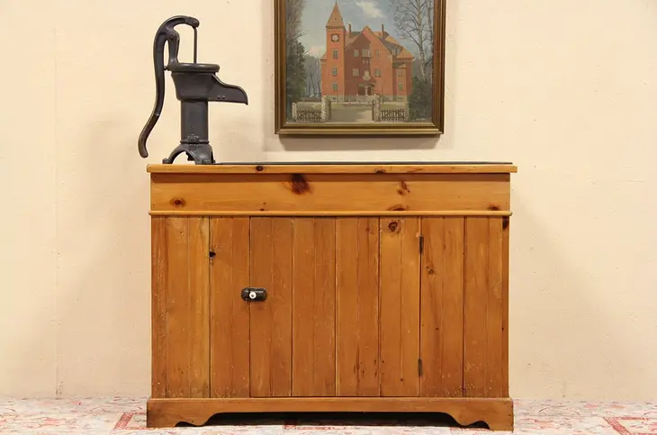 Pine Wainscoting 1900 Dry Sink & Pump, Party Cooler