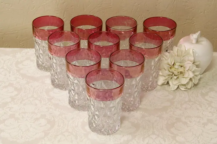 Set of 10 King's Crown or Thumbprint Cranberry Tumbler Glasses