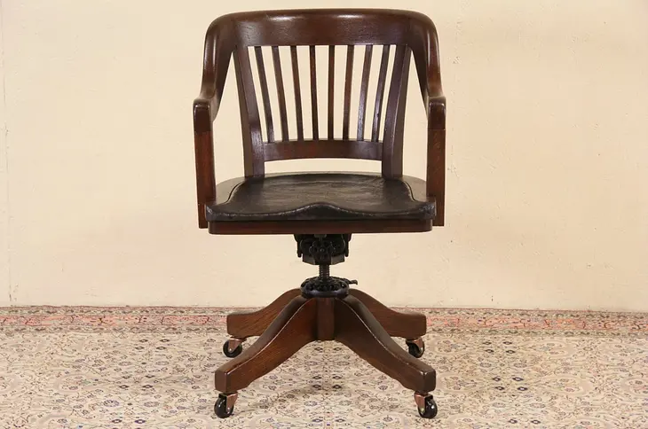 Milwaukee 1914 Pat. Antique Oak & Leather Swivel Adjustable Desk Chair