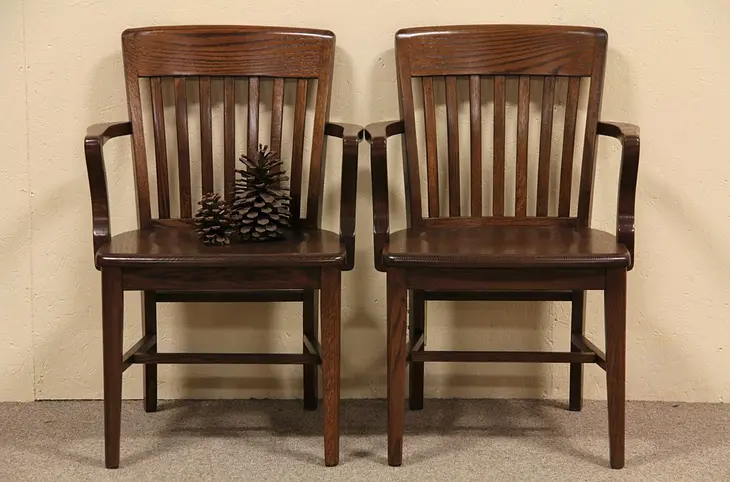 Pair of Antique Oak Bank Armchairs