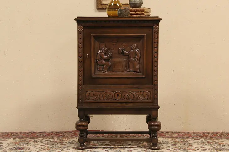 Carved Oak 1910 Antique Cabinet, Ratskeller Scene