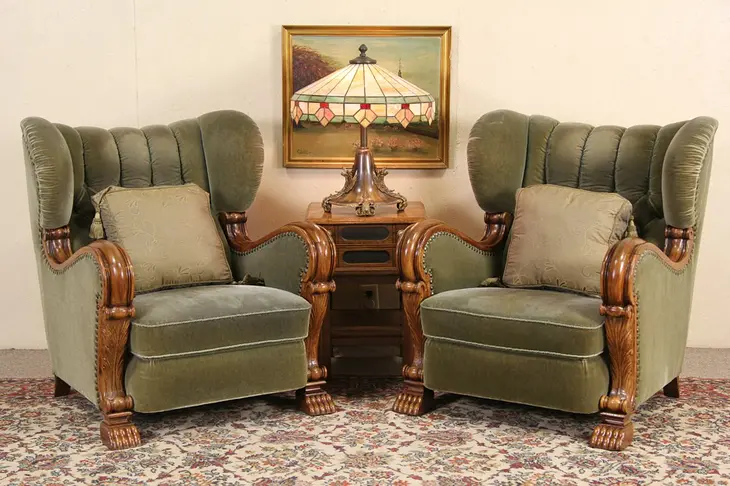 Scandinavian Carved Oak 1940 Pair of Wing Chairs