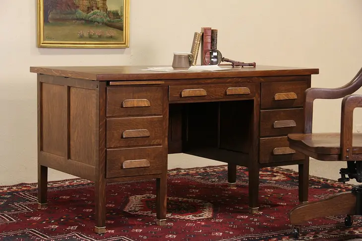 Oak 1910 Antique Desk, 7 Drawers, Brass Feet