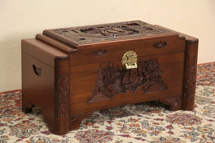 Chinese 1920's Camphor Wood Trunk, Carved Boats, Brass Lock