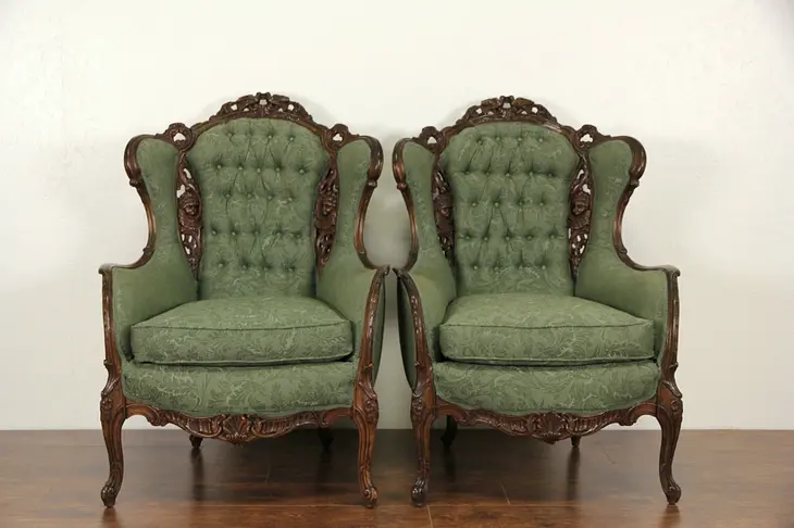 Pair Carved Lovebird & Angel 1940's Vintage Wing Chairs