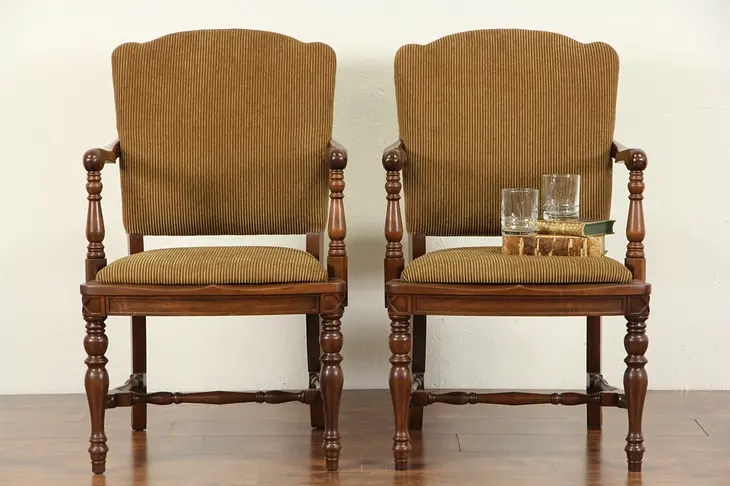 Pair of  1915 Antique Walnut Lawyer Chairs w/ Arms, New Upholstery, No. 1