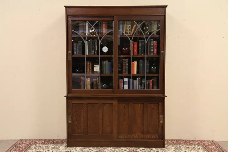Arts & Crafts Oak Bookcase, Leaded Glass Doors