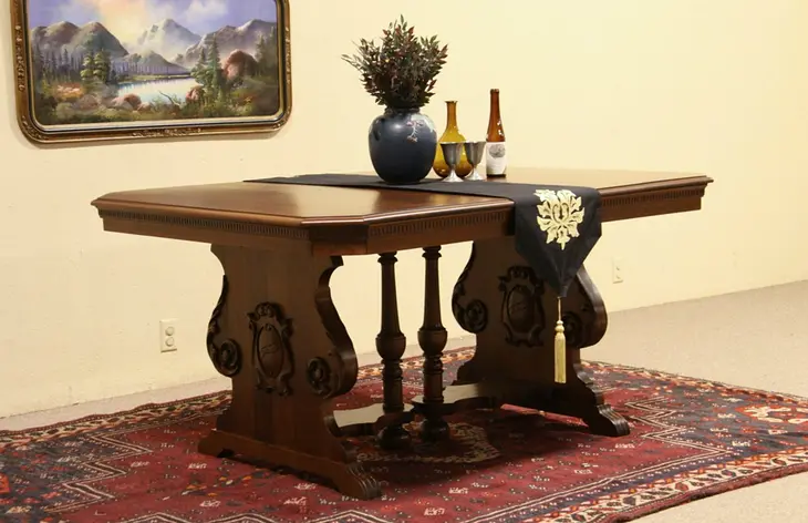 Renaissance Carved Dining or Library Writing Table 1930, 3 Leaves