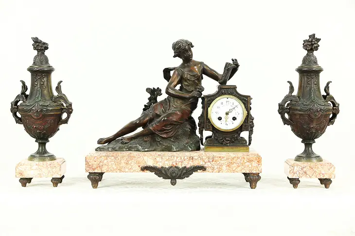 French Antique 1890's Mantel Clock Set, Sculpture Signed Ruffany