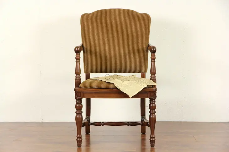 Lawyer 1915 Antique Walnut Chair w/ Arms, New Upholstery