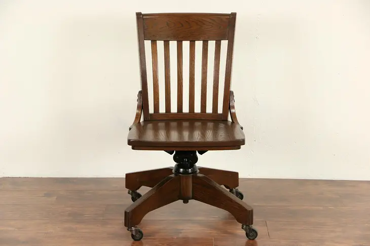 Swivel Adjustable Oak Desk Vintage Library or Office Desk Chair