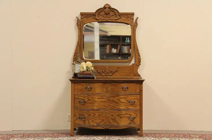 Carved Oak Dresser, Beveled Mirror