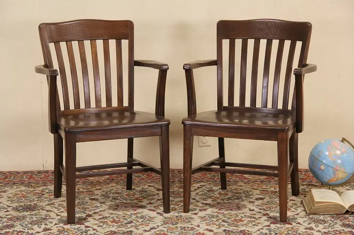 Pair of Oak Antique 1915 Bank, Office or Desk Chairs, Square Back