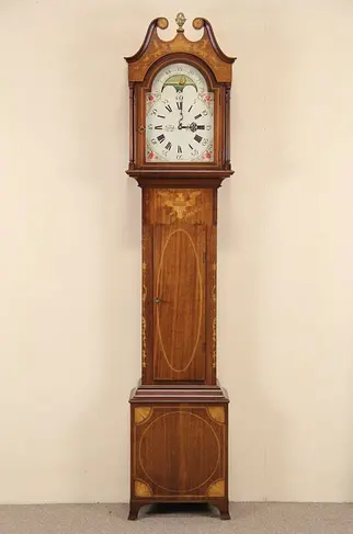 Joseph Doll Ford Museum Colonial Marquetry Vintage Grandfather Tall Case  Clock