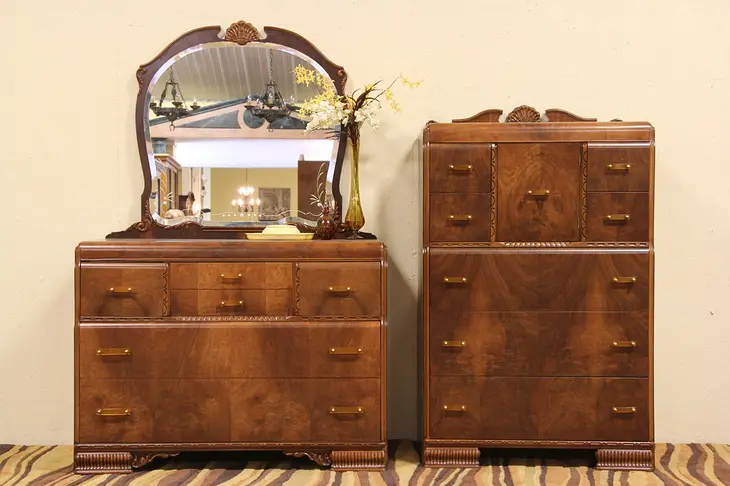Pair of Art Deco 1935 Antique Dressers or Chests