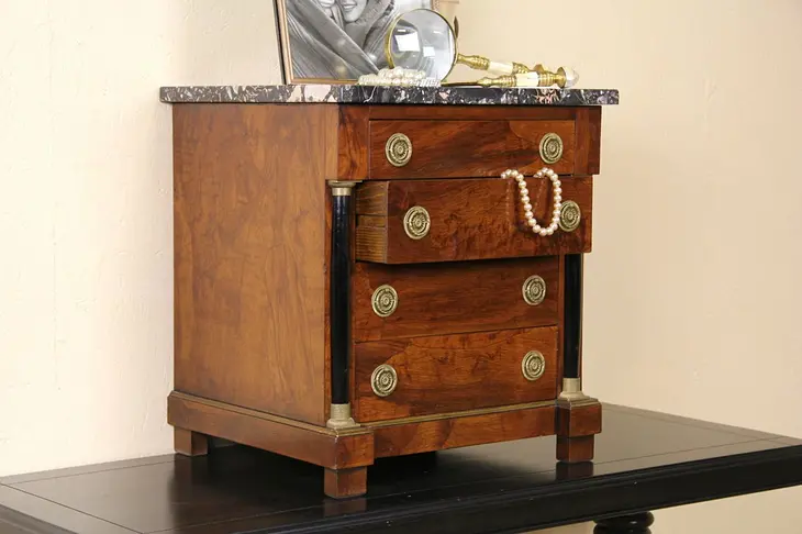 French Marble Top Rosewood Jewelry Chest, Collector or Silver CabinetTable