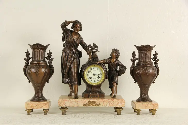 French Marble Mantel 1890's  Antique 3 Pc. Clock Set, Mother & Child Sculptures